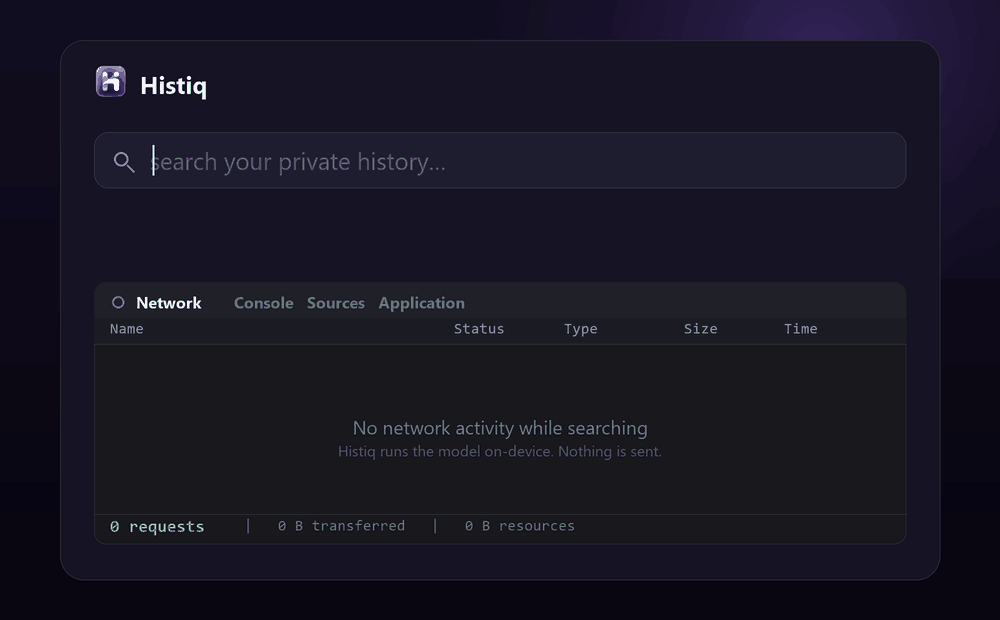 Private browser history search — a search runs while the DevTools Network panel shows 0 requests, so nothing leaves the device